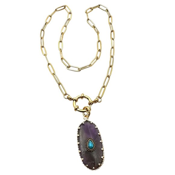 Amethyst Turquoise Gemstone Pendant Necklace 18K Gold Plated Chain 17 Inch - Picture 5 of 9
